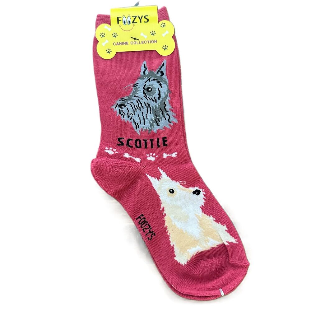 Foozys Scottie Dog Pattern Crew Socks Grey White Pink Women's One Size
